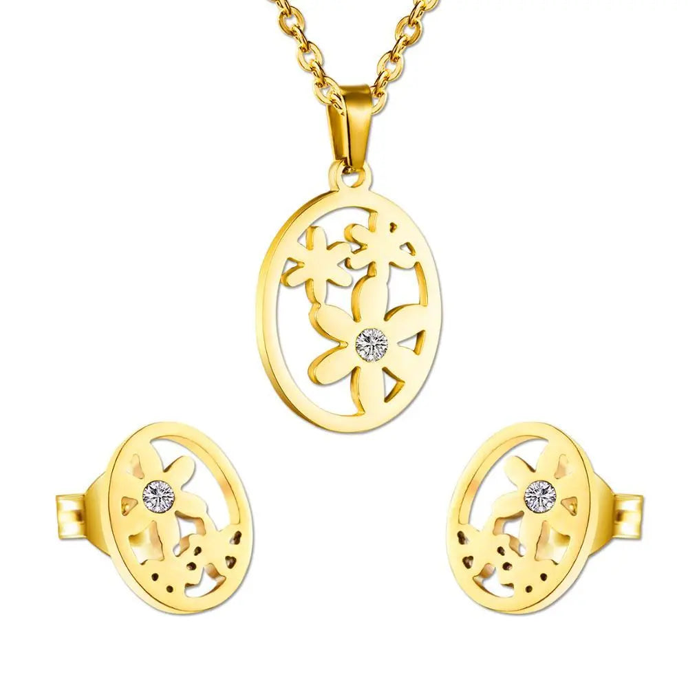 Trendy Gold Color Jewelry Set Round Shape With Crystal Flower Necklace Earring Sets asonjewelry